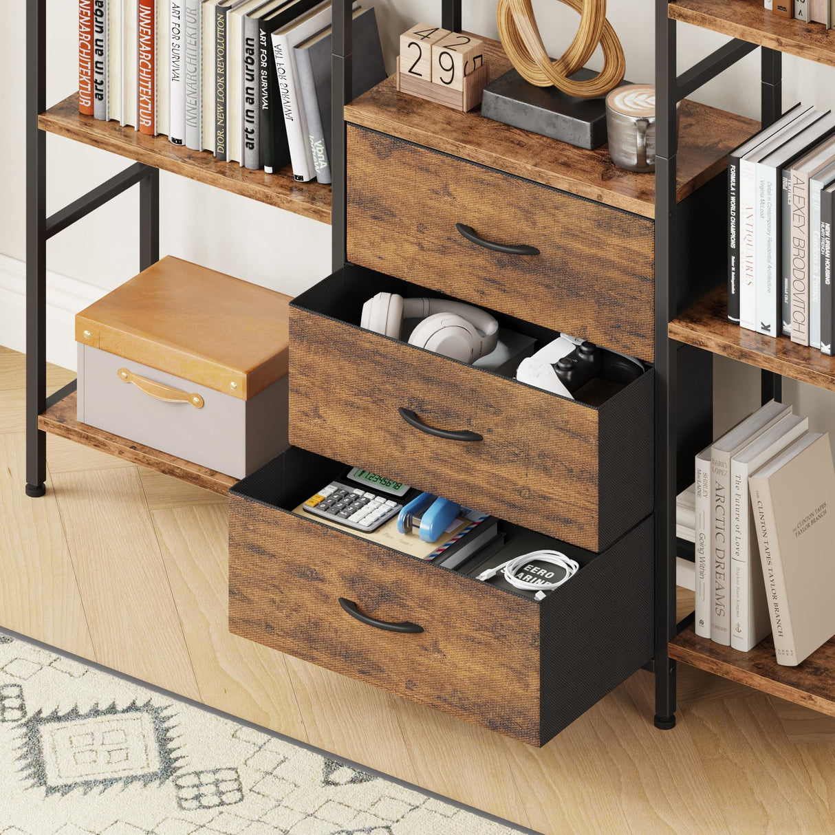 AFLUI Triple Bookshelf with 3 Fabric Drawers, 5-Tier Book Shelf and 10 Display Shelves, Industrial Large Bookcase for Home & Office, Rustic Brown, 47'' Wide AFLUI