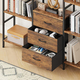 AFLUI Triple Bookshelf with 3 Fabric Drawers, 5-Tier Book Shelf and 10 Display Shelves, Industrial Large Bookcase for Home & Office, Rustic Brown, 47'' Wide AFLUI