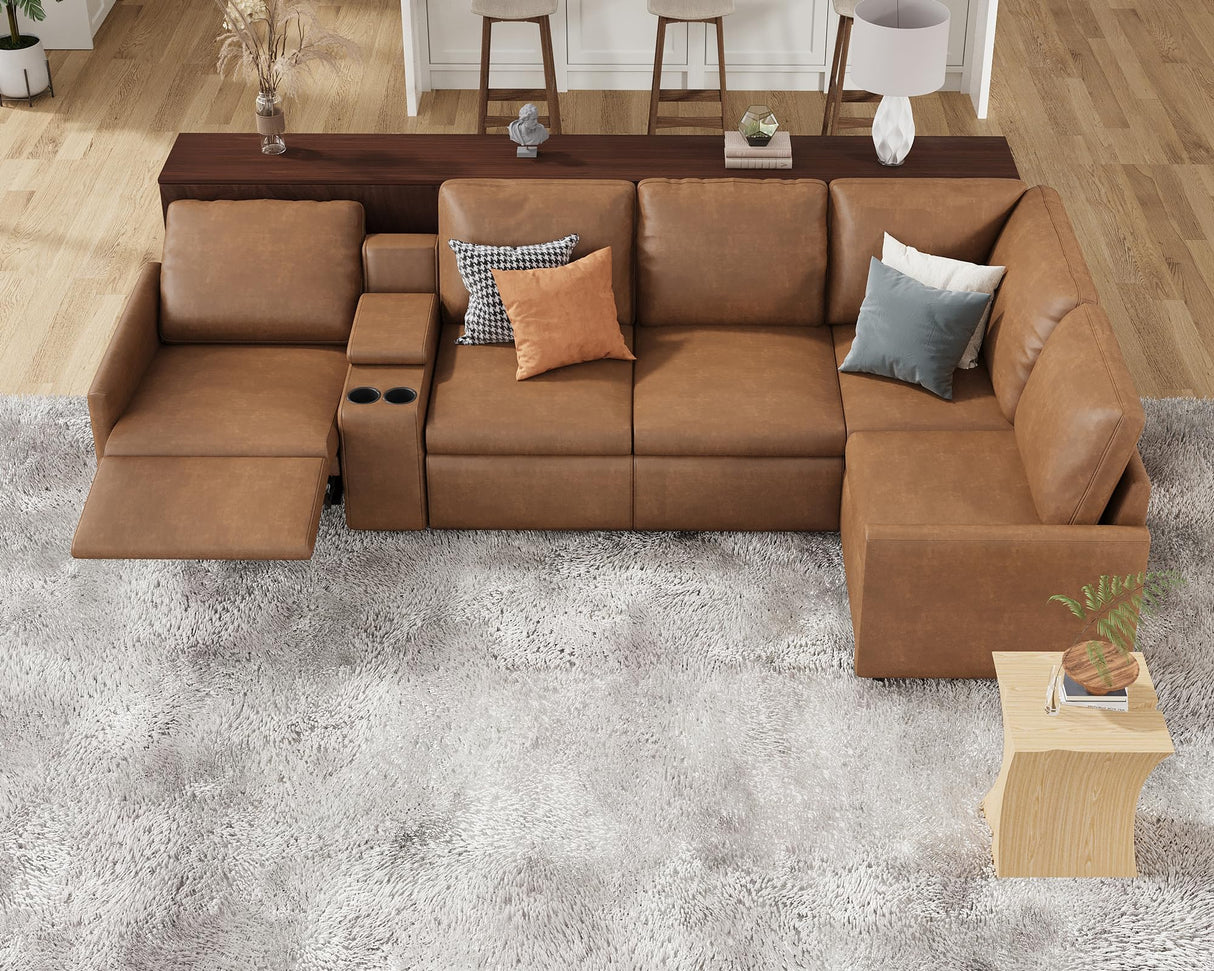 AMERLIFE Single Left Power Recliner Sofa, Reclining Sectional Sofa with Console, 5 Seats L Shaped Couch with Cup Holder& Charging Socket, Leather Modular Sofa for Living Room AMERLIFE