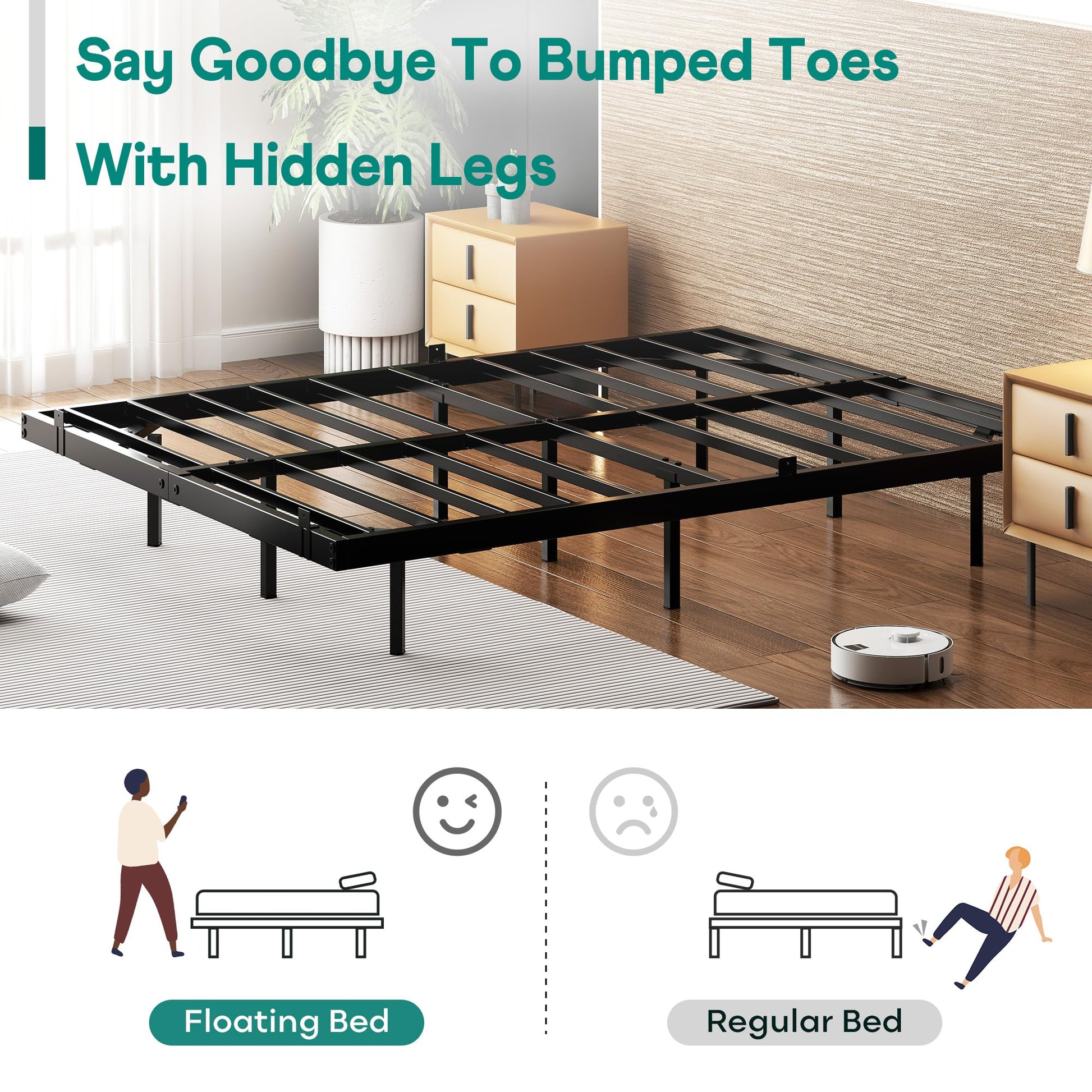 SogesSleep Full Size Floating Bed Frame with LED Lights – Heavy Duty Metal Platform, Noise Free, Easy Assembly, Black - WoodArtSupply