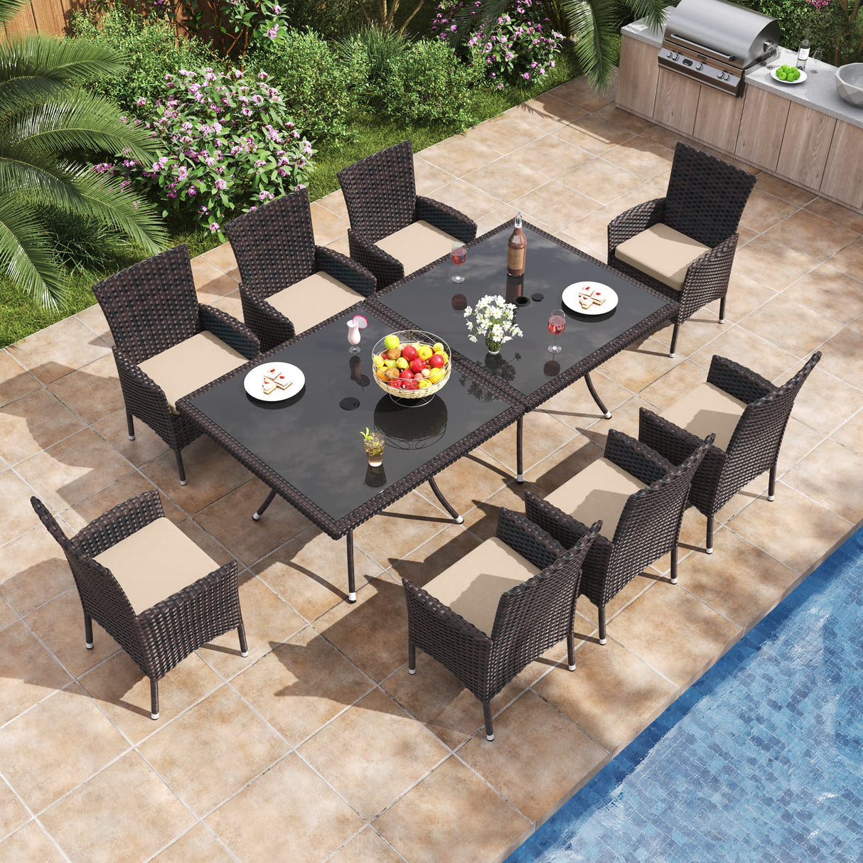 ALAULM 10 Piece Patio Dining Set All-Weather Wicker Outdoor Patio Furniture Set w/Tempered Glass Tabletop, Removable Cushions and Umbrella Hole for Patio, Backyard, Garden, Poolside (Brown) ALAULM