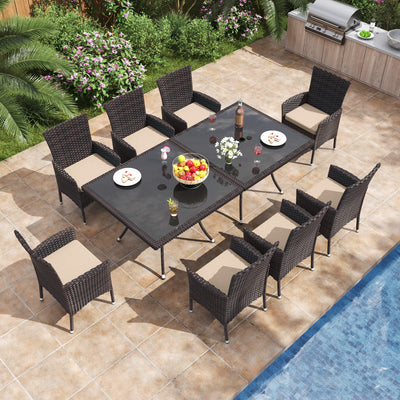 ALAULM 10 Piece Patio Dining Set All-Weather Wicker Outdoor Patio Furniture Set w/Tempered Glass Tabletop, Removable Cushions and Umbrella Hole for Patio, Backyard, Garden, Poolside (Brown)