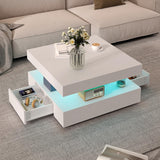 White LED Coffee Table with 2 Storage Drawers for Living Room Square Center Middle Table Modern Cocktail Table with Light 2-Tier Tea Tables Contemporary Mid Century Wood Home Office Waiting Room HedoAjim