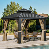 YITAHOME 10X10FT Hard Top Metal Gazebo Patios Double Roof Canopy Aluminum Frame Garden Gzebo Tent Curtains Netting for Patios Backyards Decks Lawns Brown YITAHOME