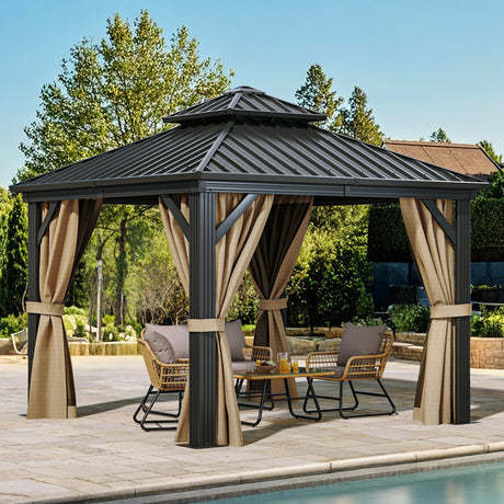 YITAHOME 10X10FT Hard Top Metal Gazebo Patios Double Roof Canopy Aluminum Frame Garden Gzebo Tent Curtains Netting for Patios Backyards Decks Lawns Brown YITAHOME