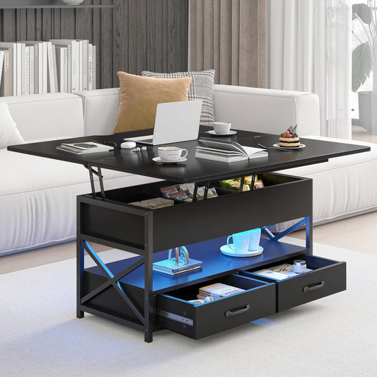 Oubayajia Lift Top Coffee Table with LED Light, Power Outlets, and Storage Shelf, Coffee Tables with 2 Storage Drawers and Hidden Compartment, coffee table for living room (black) - WoodArtSupply