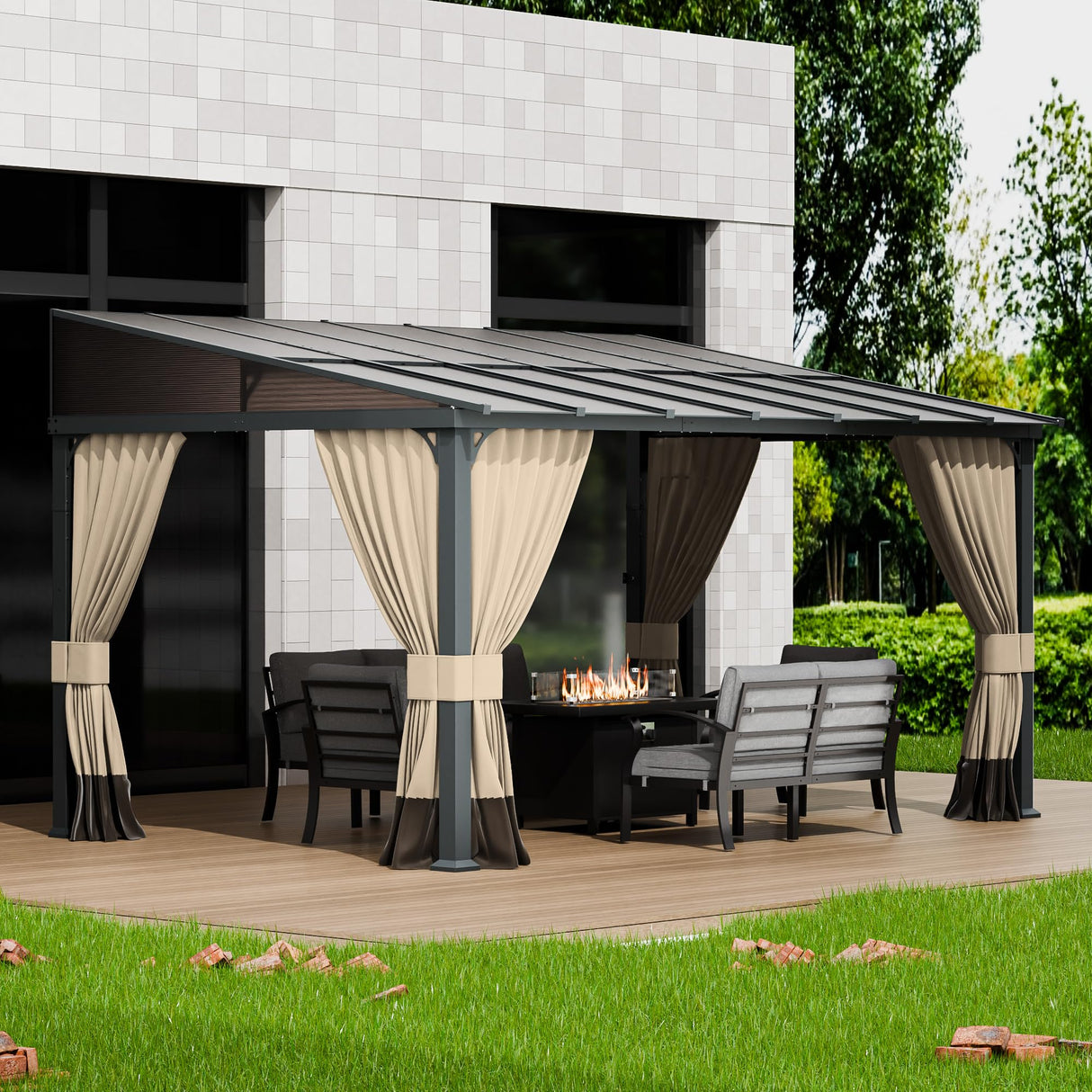 ASJMR 10x14FT Gazebo, Hardtop Wall Mounted Gazebo with Sloping Sun Panel Roof, Awnings for Patio with Metal Frame, Double Curtains for Garden, Lawn, Backyard Deck, Sand ASJMR