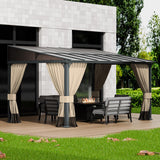 ASJMR 10x14FT Gazebo, Hardtop Wall Mounted Gazebo with Sloping Sun Panel Roof, Awnings for Patio with Metal Frame, Double Curtains for Garden, Lawn, Backyard Deck, Sand ASJMR