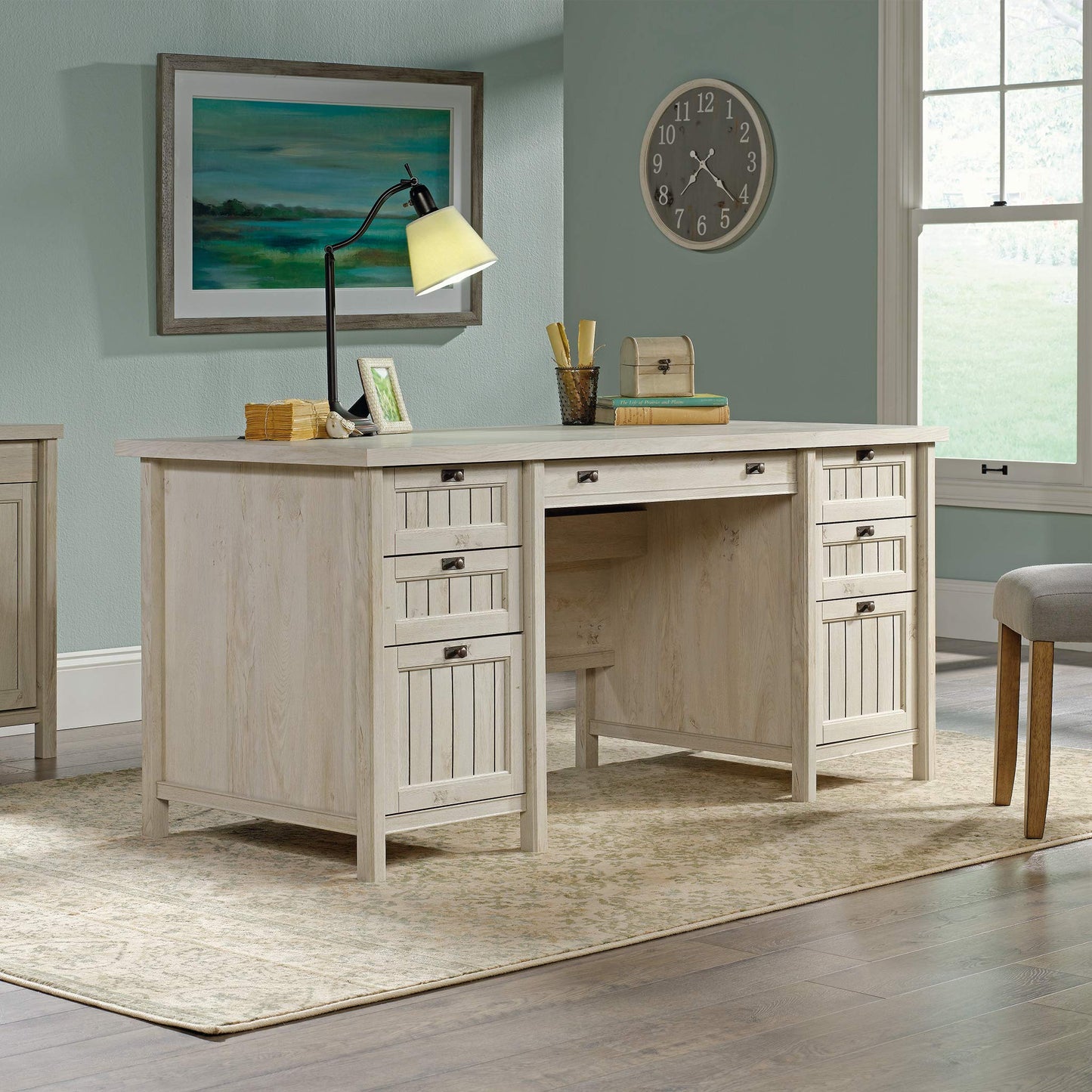 Sauder Costa Executive Desk, L: 65.12" x W: 29.53" x H: 30.0", Chalked Chestnut finish - WoodArtSupply