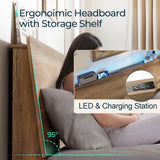 LINSY Wood Bed Frame, Full Bed Frame with Headboard LED, Wooden Platform Frames with Charging Station, No Box Spring Needed, Easy Assembly, Rustic Brown LINSY