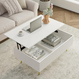 Modern Lift Top Coffee Table，39.37" White Mid Century Coffee Table with Lifting Top for Living Room, Wooden Carved Center Table with Hidden Storage Metal Legs, Fluted Panel, Adjusting to Dining Table VOXANOXI