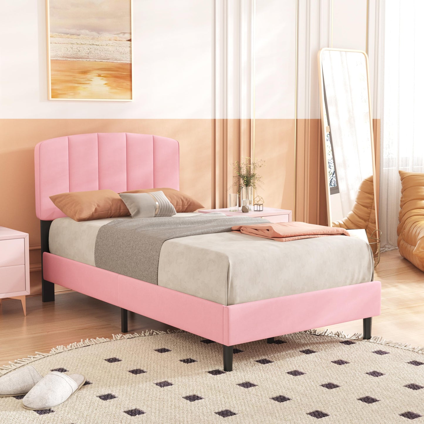 alazyhome Upholstered Twin Size Pink Platform Bed Frame with Velvet Upholstered Headboard Wooden Slats Support No Box Spring Needed Easy Assembly