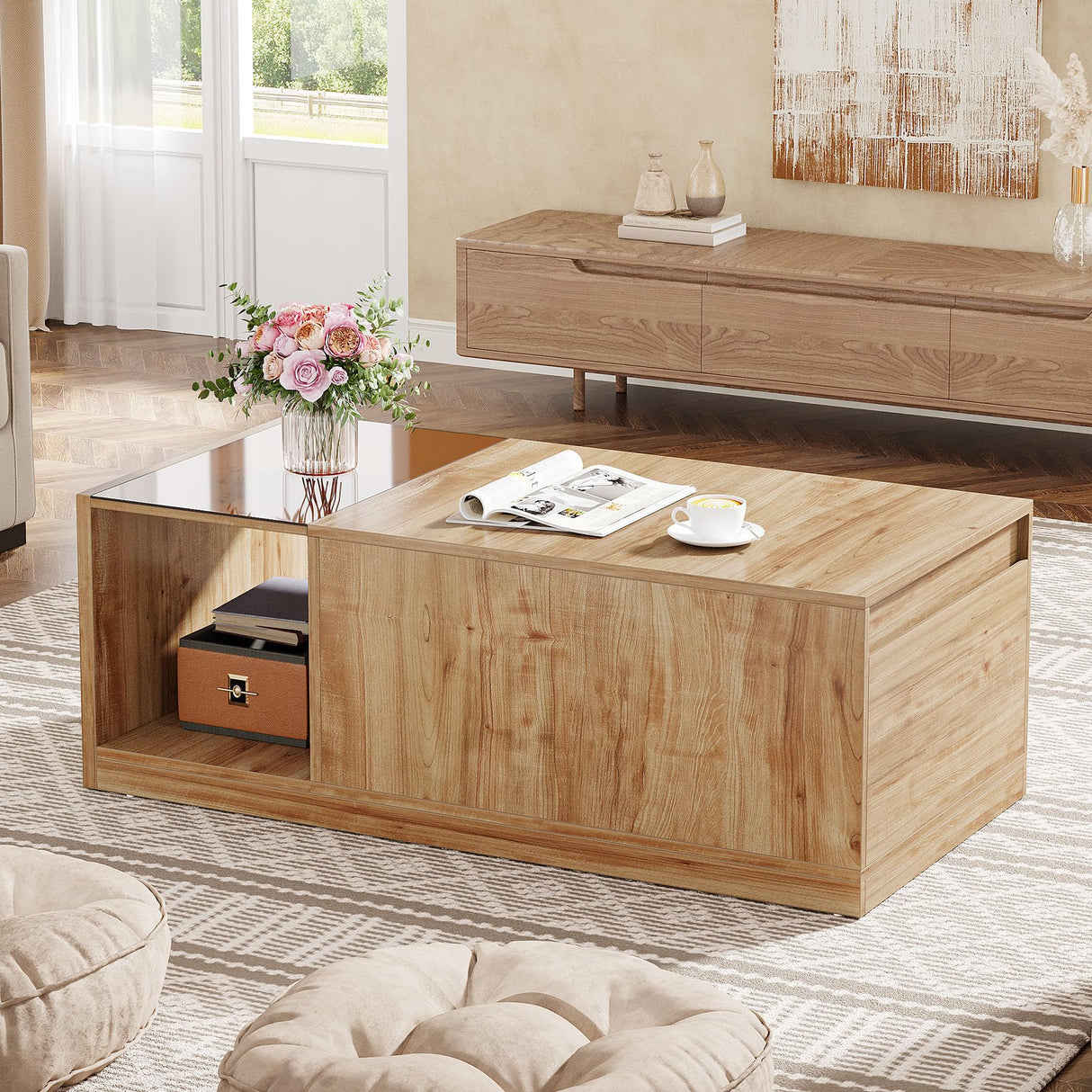 Tribesigns 47.24-Inch Coffee Table with Drawer & Storage Shelf, Farmhouse Coffee Table with Tawny Glass, Wood Center Table for Living Room, Modern Home Furniture, Brown & Tawny Tribesigns