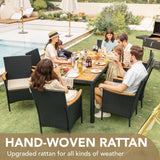 Devoko Outdoor Patio Dining Sets 9 Pieces Wicker Outdoor Dining Table and Chairs Set with Acacia Wood Table Top and Widened Armrests for Backyard, Garden, Deck (Black) Devoko