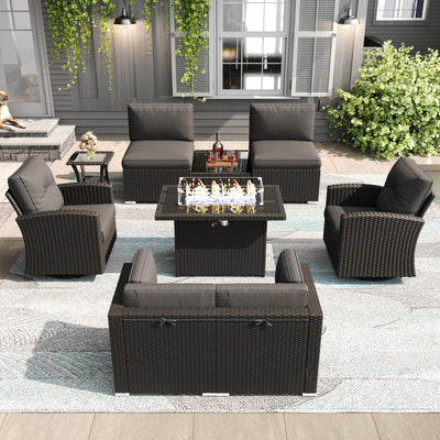 LayinSun 9 Pieces Patio Furniture Set with Fire Pit Table, Black Rattan Modular Sectional Outdoor Conversation Sofa Set, Swivel Rocking Chairs Set