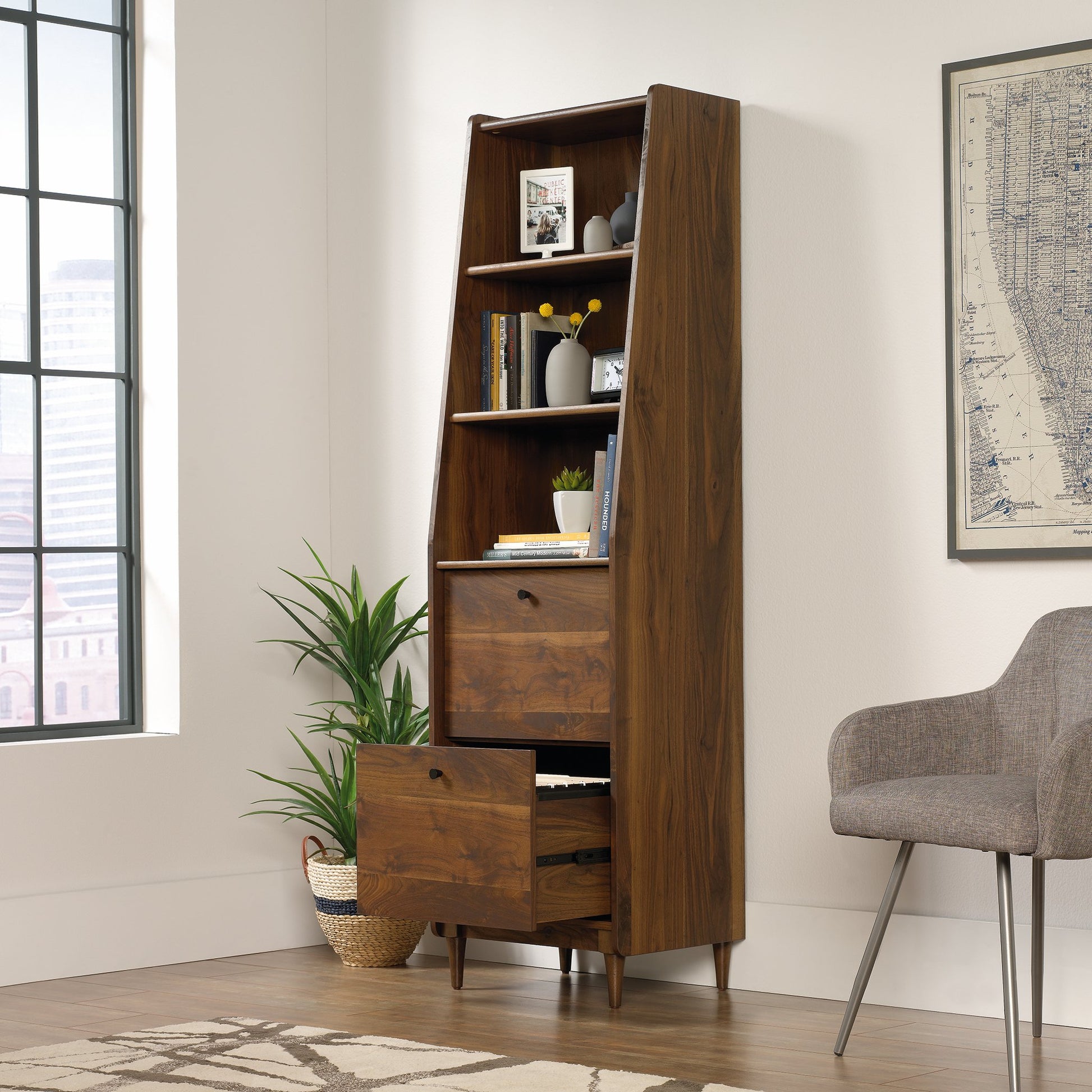 Sauder Harvey Park Narrow Bookcase in Grand Walnut Finish with File Drawers - WoodArtSupply