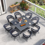 PURPLE LEAF Outdoor Dining Set for 8 All-Weather 9 Piece Patio Aluminium Dining Large Square Table and Rope Weave Chairs Included Cushions for Backyard Decor Kitchen Patio Furniture Set Grey and Navy PURPLE LEAF