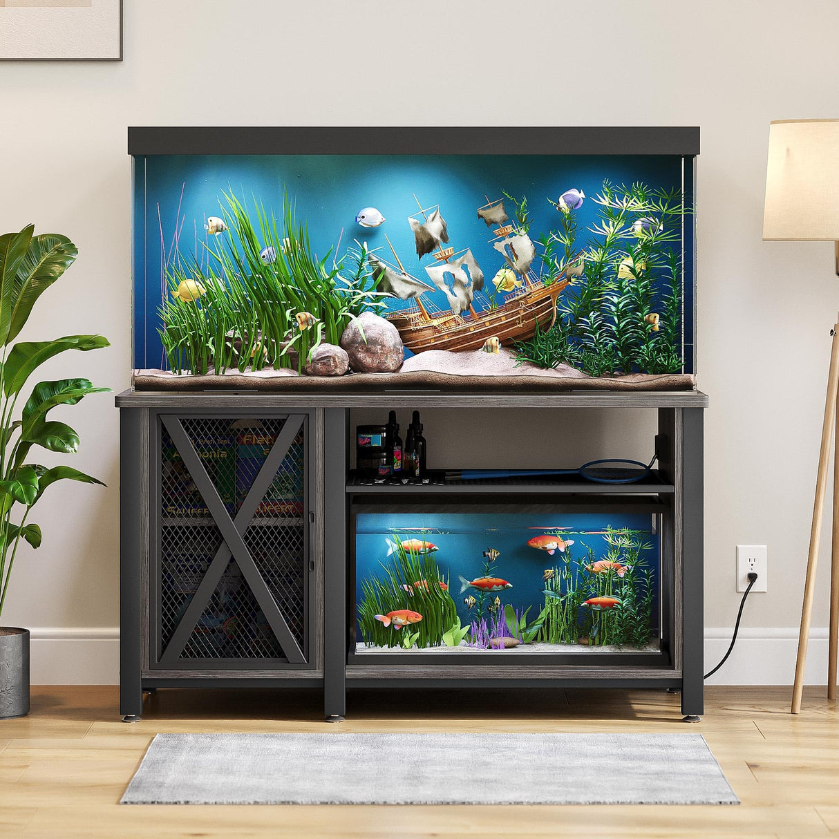 DWVO 55-75 Gallon Aquarium Stand with Power Outlets, Cabinet for Fish Tank Accessories Storage - Heavy Duty Metal Fish Tank Stand Suitable for Turtle Tank, Reptile Terrarium, 860LBS Capacity, Grey DWVO