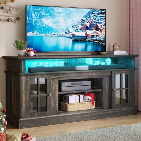 YITAHOME LED Farmhouse TV Stand for 65 Inch w/Outlets, Modern Entertainment Center with Glass Doors and Adjustable Storage Shelves, Media Console TV Cabinet for for Living Room, Dark Rustic Oak YITAHOME