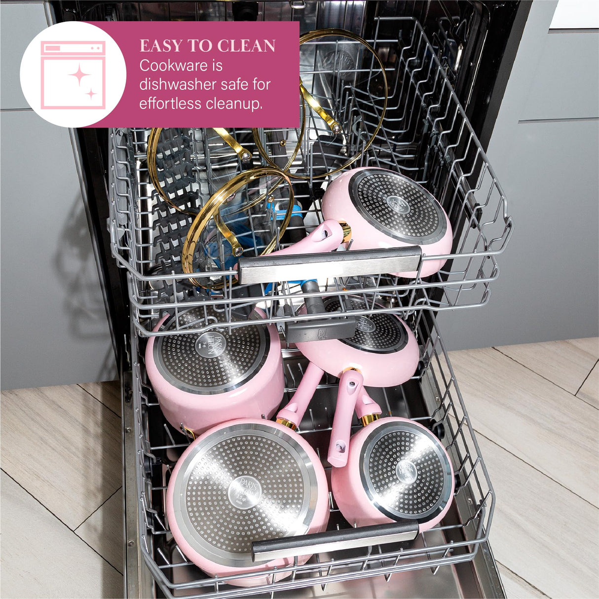 Paris Hilton Epic Nonstick Pots and Pans Set, Multi-layer Nonstick Coating, Tempered Glass Lids, Soft Touch, Stay Cool Handles, Made without PFOA, Dishwasher Safe Cookware Set, 12-Piece, Pink Paris Hilton