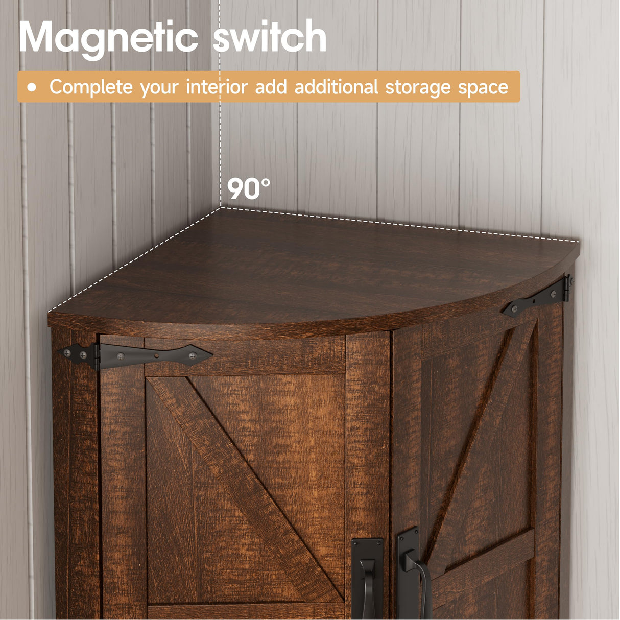 Vabches 64.8" Tall Farmhouse Corner Cabinet with 4 Doors and 5 Storage Shelves, Farmhouse Storage Cabinet with Barn Door Design, Home Space Saver for Living Room, Kitchen, Laundry Room,Brown Vabches