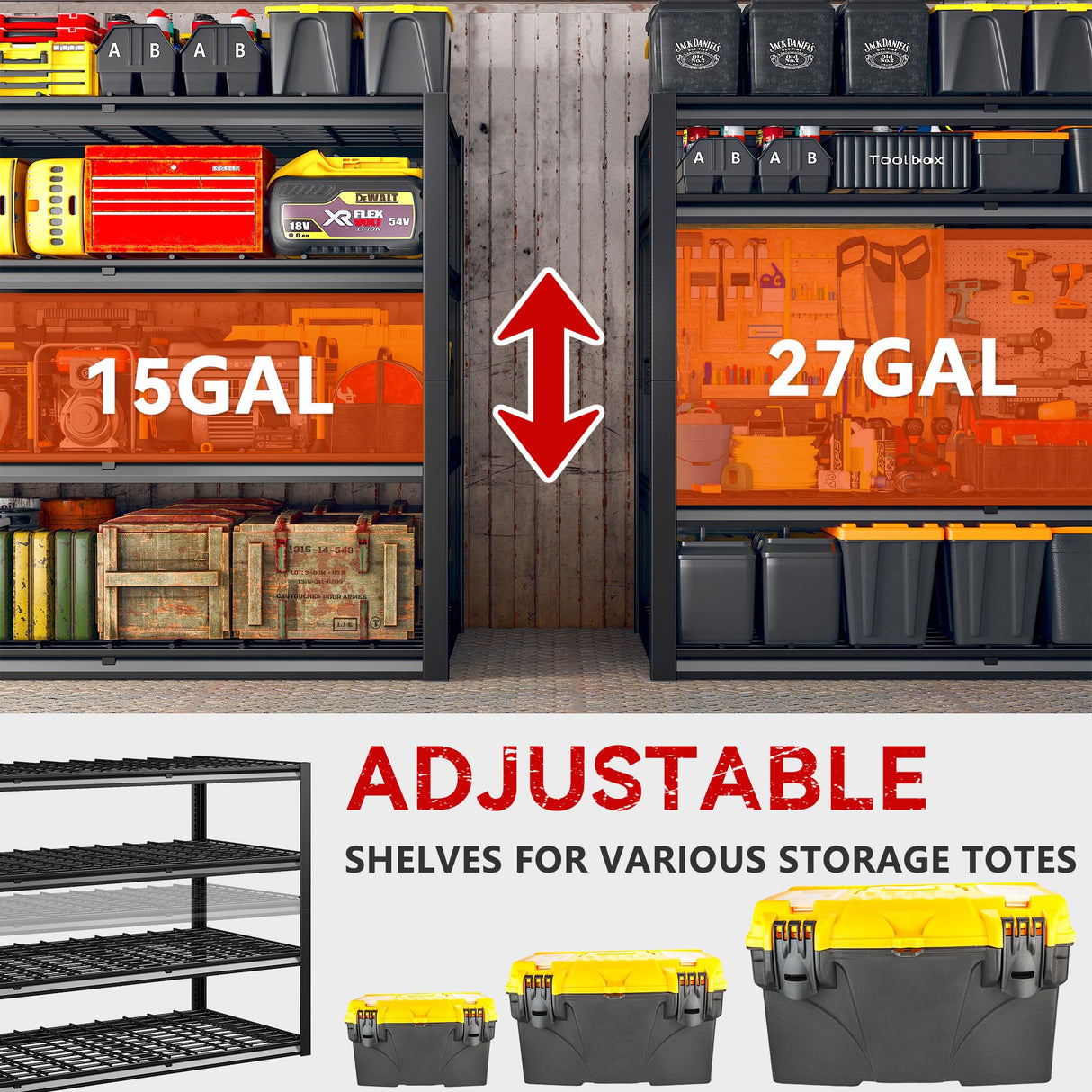 REIBII 60" W Garage Shelving, Storage Shelves 2500LBS Adjustable 4-Tier Heavy Duty Metal Shelving for Storage Commercial Shelving Unit Industrial Shelf for Garage,School, 60" W*60" H*24" D REIBII