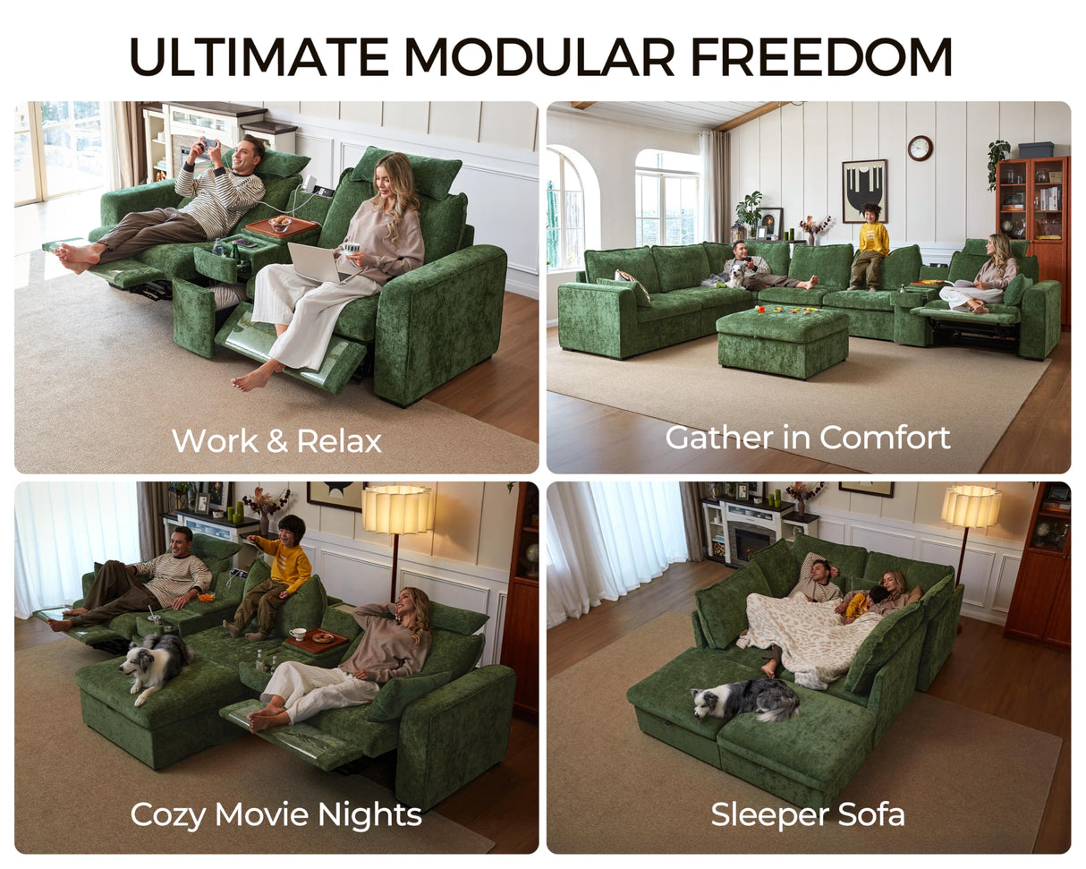 Bedeep 102.8'' Loveseat Power Recliner Sofa with Headrest, Oversized Cloud Modular Sectional Reclining Couch with Table, Storage Drawer, Charging, 2-Seater for RV Home Theater, Chenille, Green Bedeep