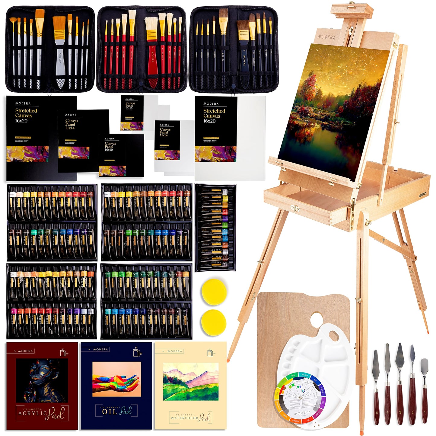 160-Piece French Easel Painting Set | All-in-One Deluxe Artist Starter Kit w/Wooden Field & Studio Sketch Box Easel for Adult, 100+ Professional Paints, Stretched & Panel Canvases, Brushes, Palettes