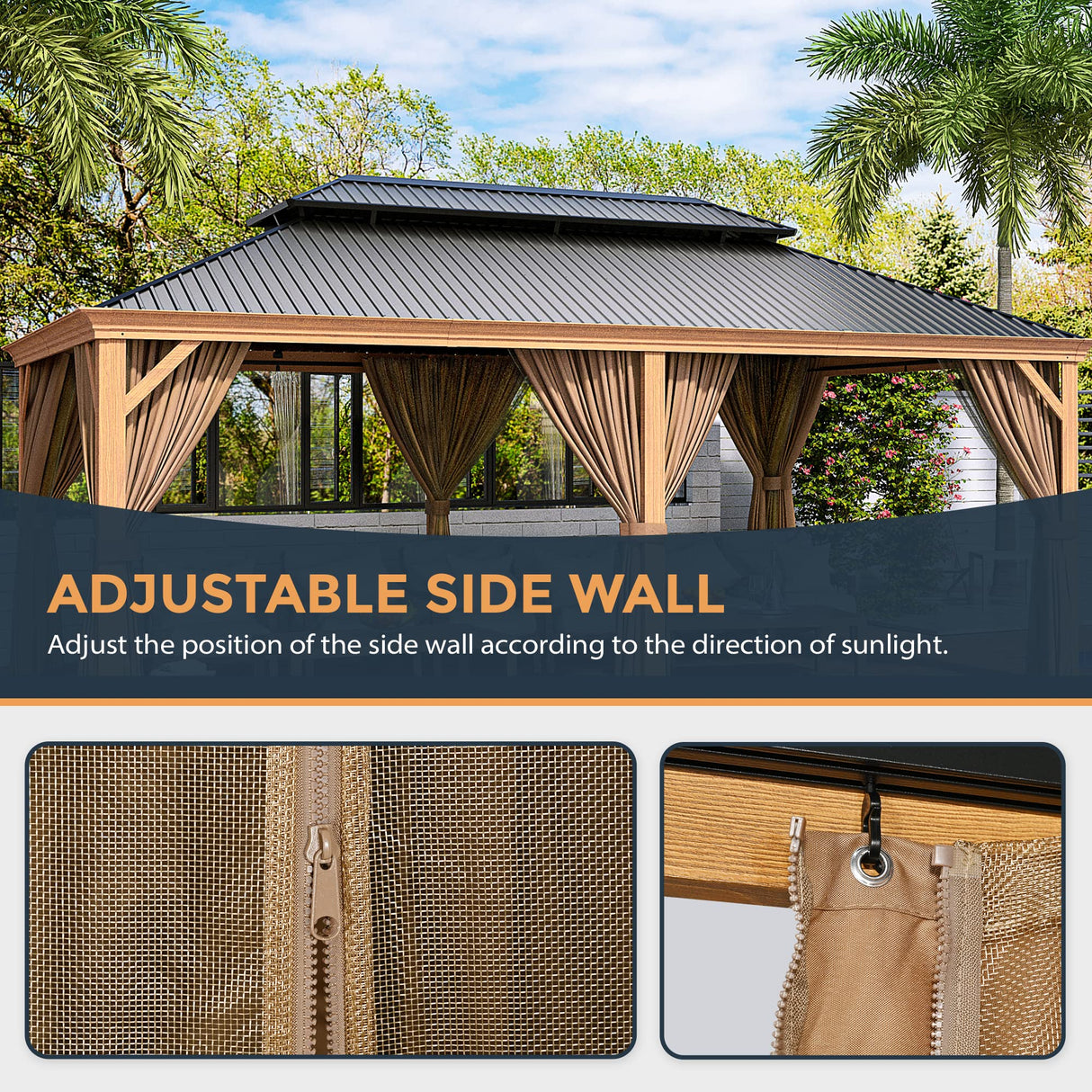 HAPPATIO 12' x 20' Hardtop Gazebo, Outdoor Wood Grain Frame Aluminum Gazebo with Galvanized Steel Double Roof, Patio Metal Gazebo Canopy with Netting and Curtains for Patio, Deck, Backyard (Beige) HAPPATIO