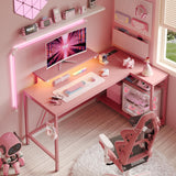 Bestier 52" Gaming Desk with Integrated Power Outlet & USB Ports, L-Shaped Computer Desk with LED Strip & Headphone Hooks, Perfect for Home Office Pink Bestier
