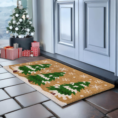 Christmas Tree Door Mat 30x17 Inch, Winter Holiday Welcome Mat for Covered Outdoor Area, Coir Doormat w/Non-Slip PVC Backing