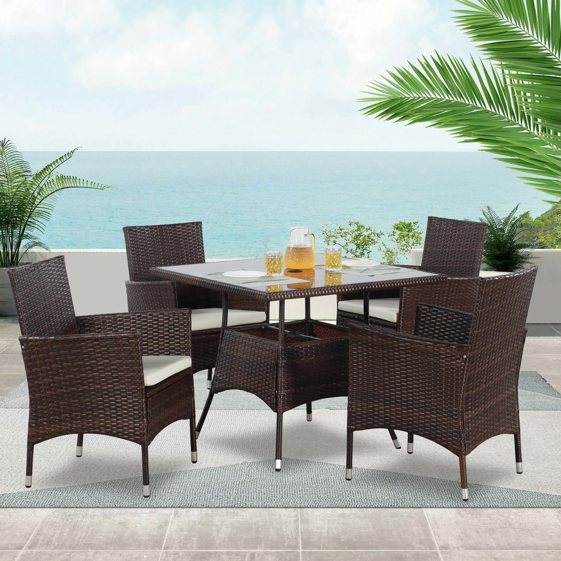 Wisteria Lane 5-Piece Wicker Outdoor Table and Chairs, Patio Dining Set w/Square Glass Tabletop and Umbrella Hole, Patio Table and Chairs Set for Backyard Deck Balcony Front Porch, Brown - WoodArtSupply