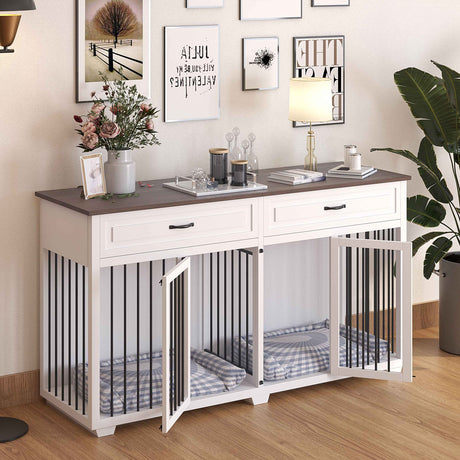DAWNSPACES Dog Crate Furniture, 72 Inch Heavy Duty Wooden Large Dog Kennel with Drawers & Divider, Indoor Furniture Style Dog Crate with Double Rooms for Large Medium Small Dogs, White DAWNSPACES