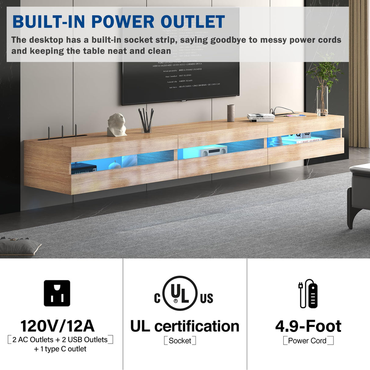 ANTISTA Floating TV Stand | 94.5'' Long Wall Mounted TV Shelf with Power Outlet, Modern Wooden Entertainment Center Media Console with Storage, High Gloss Large TV Cabinet, Up to 100 Inch TVS ANTISTA