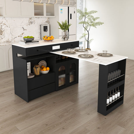 Kitchen Island With Extendable Rotating Table, 4 Drawers & Glass Door Cabinets, Built In Socket - Black HouseOfZazla