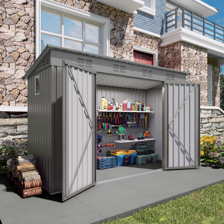 Outdoor Storage Shed, Tool House With Sloping Roof, 6 Vents And 2 Swing Doors For Backyard - Gray HouseOfZazla
