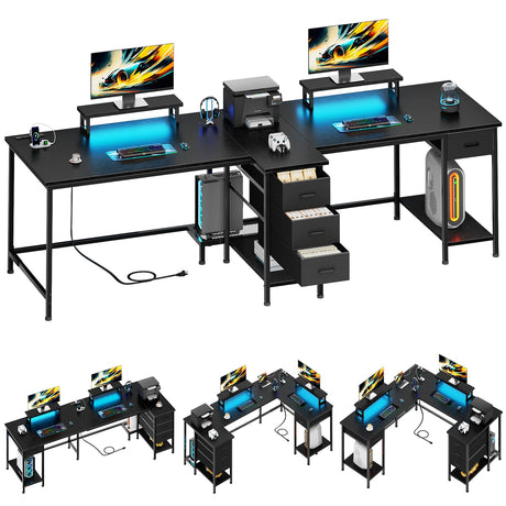 93 Inch 2 Person Desk with Power Outlet & LED Light, Extra Long Double Desk with 2 Monitor Stands, Large Home Office Desk for Two People with 4 Adjustable Storage Drawers, Black Korfile