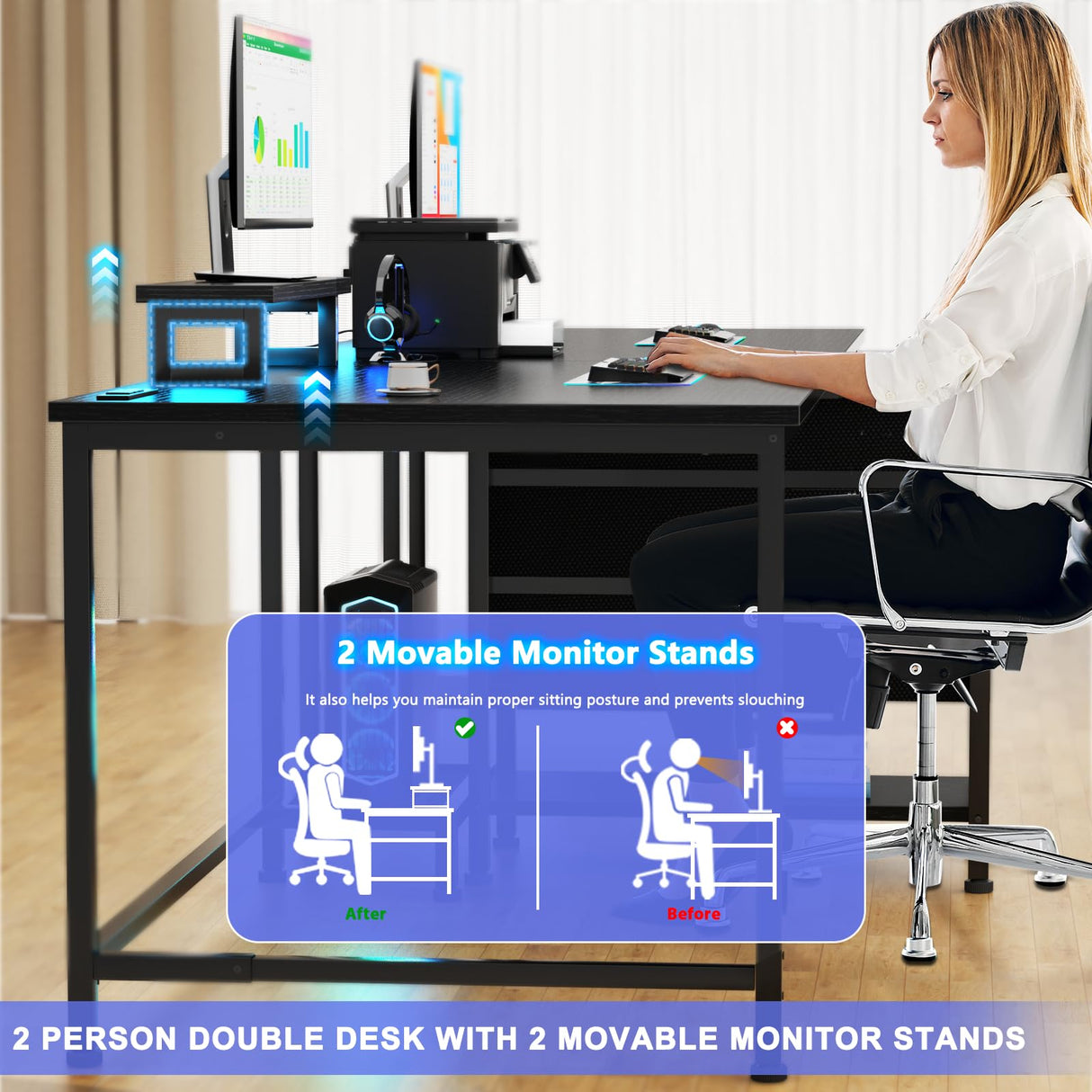 93 Inch 2 Person Desk with Power Outlet & LED Light, Extra Long Double Desk with 2 Monitor Stands, Large Home Office Desk for Two People with 4 Adjustable Storage Drawers, Black Korfile