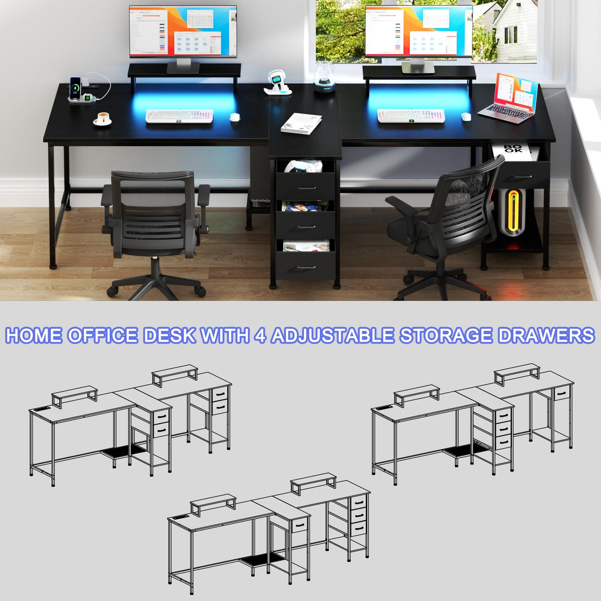 93 Inch 2 Person Desk with Power Outlet & LED Light, Extra Long Double Desk with 2 Monitor Stands, Large Home Office Desk for Two People with 4 Adjustable Storage Drawers, Black Korfile