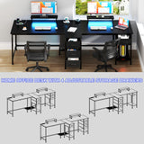 93 Inch 2 Person Desk with Power Outlet & LED Light, Extra Long Double Desk with 2 Monitor Stands, Large Home Office Desk for Two People with 4 Adjustable Storage Drawers, Black Korfile