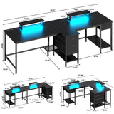 93 Inch 2 Person Desk with Power Outlet & LED Light, Extra Long Double Desk with 2 Monitor Stands, Large Home Office Desk for Two People with 4 Adjustable Storage Drawers, Black Korfile