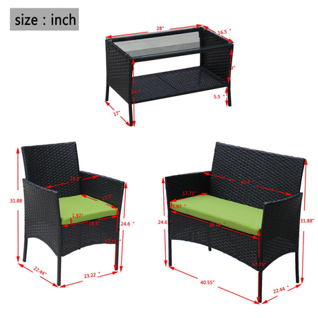 4 PC Rattan Patio Furniture Set Outdoor Cushioned Wicker Sofa Green Cushion HouseOfZazla