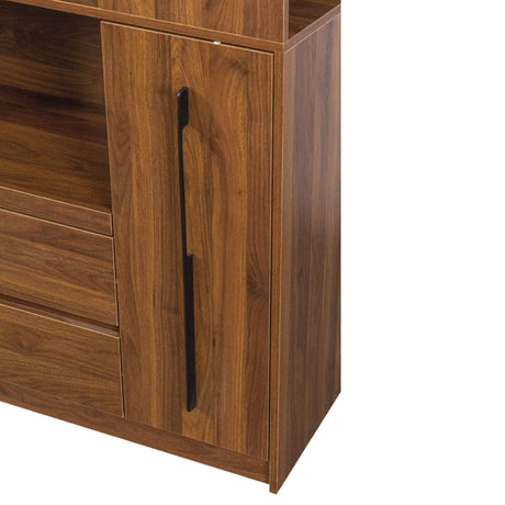 Tall Kitchen Pantry Cabinet With 4 Tier Side Shelf, 2 Drawers, Freestanding Food Hutch With Microwave Stand For Dining Room - Walnut HouseOfZazla