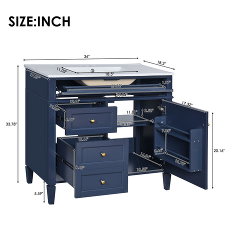 Bathroom Vanity With Top Sink, Modern Bathroom Storage Cabinet, 2 Drawers And A Tip-Out Drawer, Single Sink Bathroom Vanity - Blue HouseOfZazla