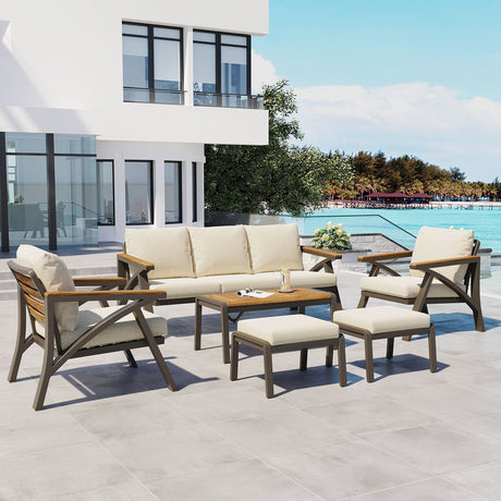 6-Piece Outdoor Patio Furniture Set with Steel Frame Sofa & Acacia Wood Table HouseOfZazla