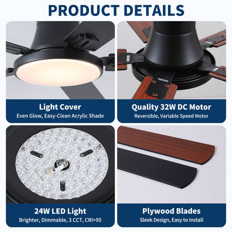 Flush Mount Ceiling Fans With LED Light And Remote Control, 5 Blades HouseOfZazla
