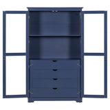 Kitchen Pantry, Freestanding Kitchen Storage Cabinet Display Cabinet With Glass Doors And 4 Built In Drawers For Living Room, Home Office - Blue