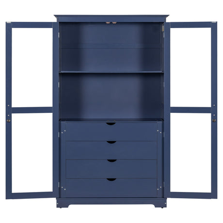 Kitchen Pantry, Freestanding Kitchen Storage Cabinet Display Cabinet With Glass Doors And 4 Built In Drawers For Living Room, Home Office - Blue HouseOfZazla
