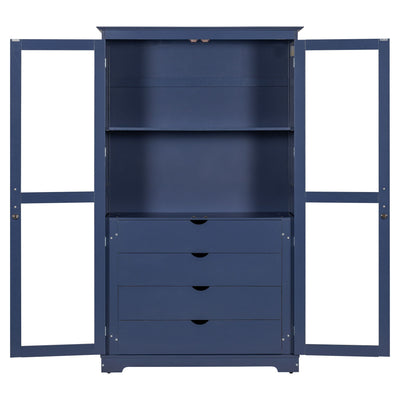 Kitchen Pantry, Freestanding Kitchen Storage Cabinet Display Cabinet With Glass Doors And 4 Built In Drawers For Living Room, Home Office - Blue