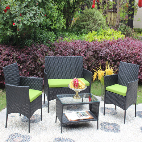 4 PC Rattan Patio Furniture Set Outdoor Cushioned Wicker Sofa Green Cushion HouseOfZazla